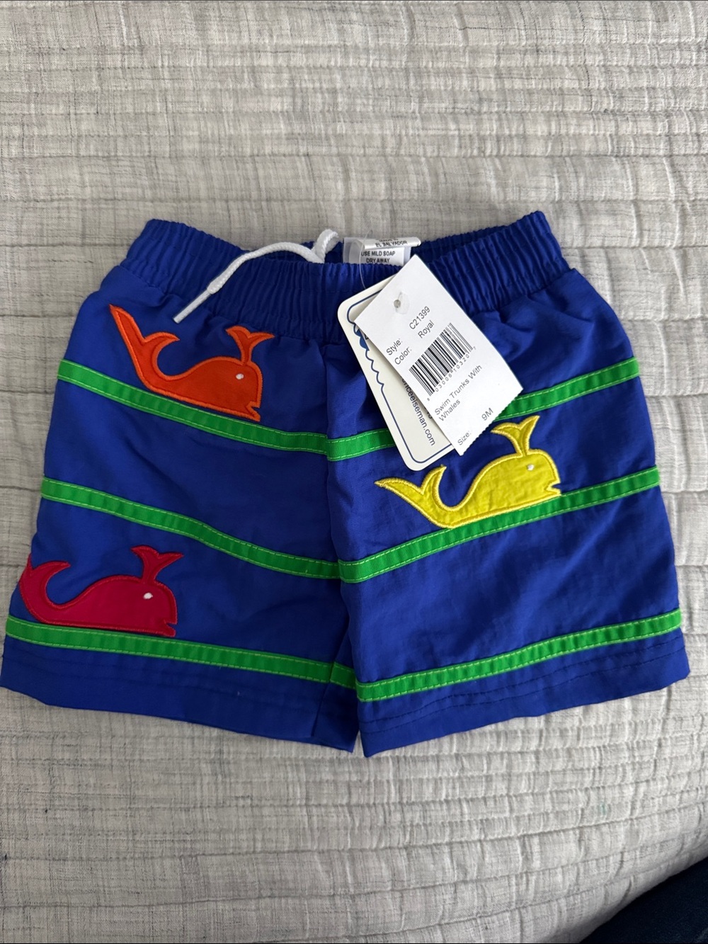 Florence Eiseman Boys Blue Whale Appliqué Swim Shorts
